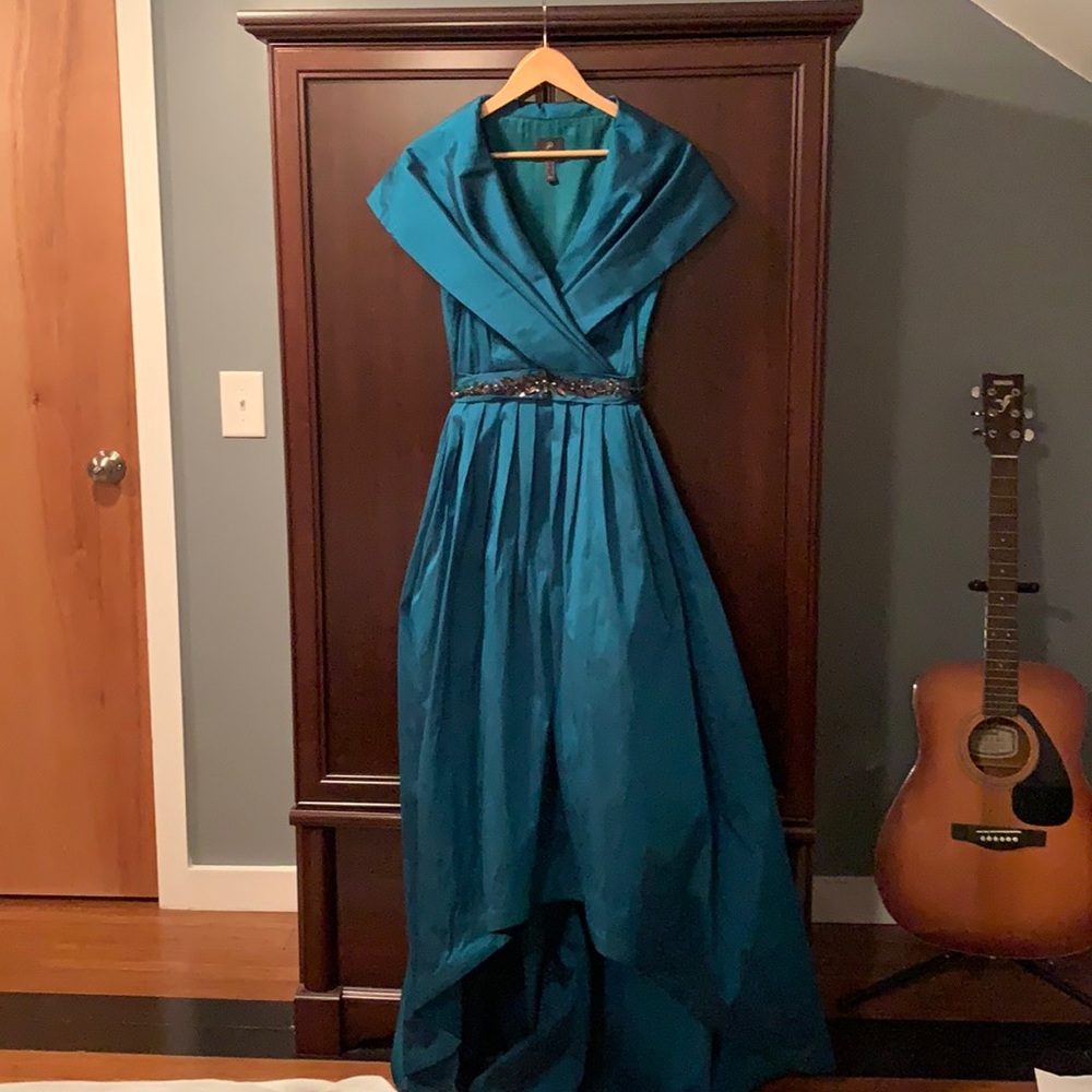 Adrianna Papell taffeta shawl collar high low gown